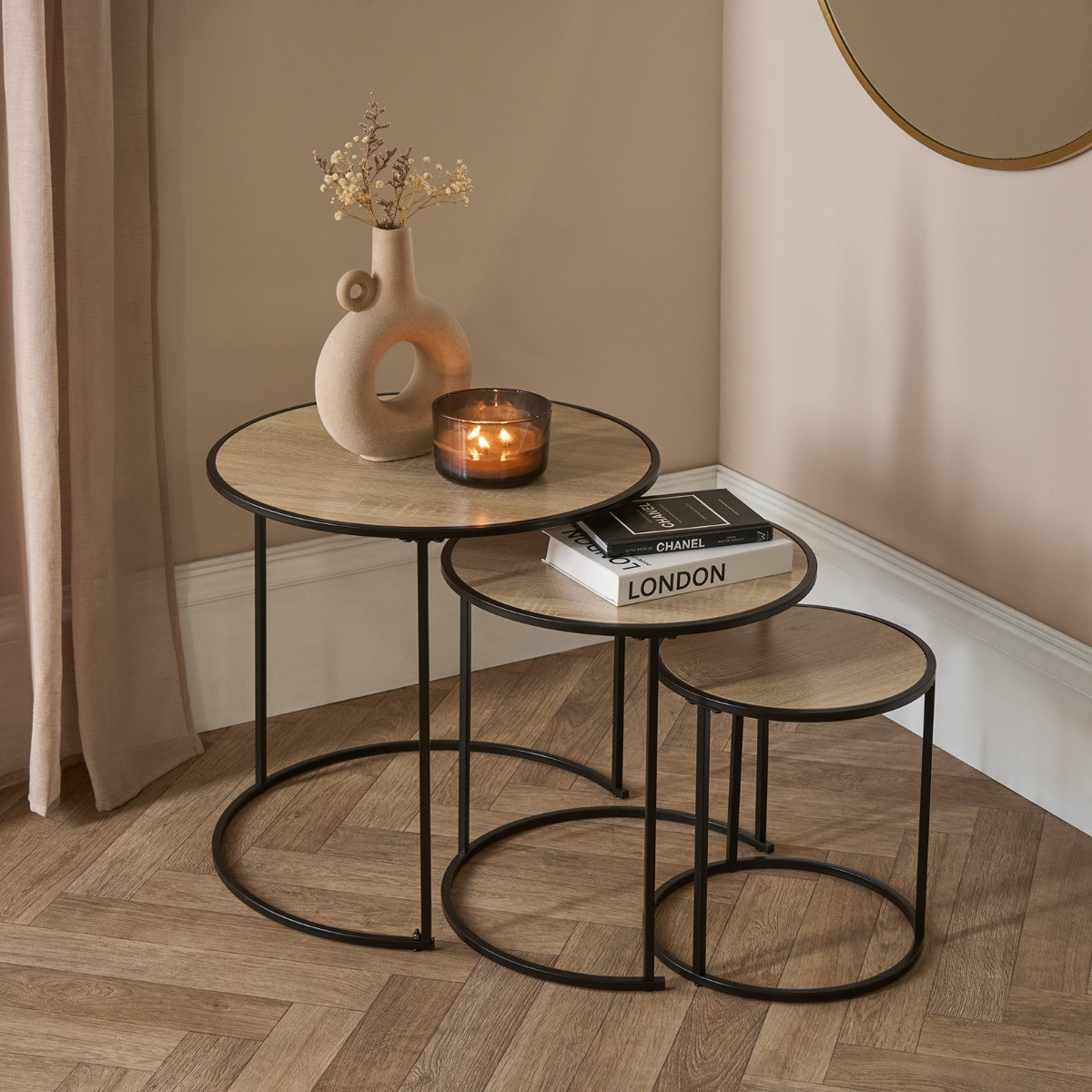 OHS Manhattan Nest of 3 Round Side Tables - Light Wood>