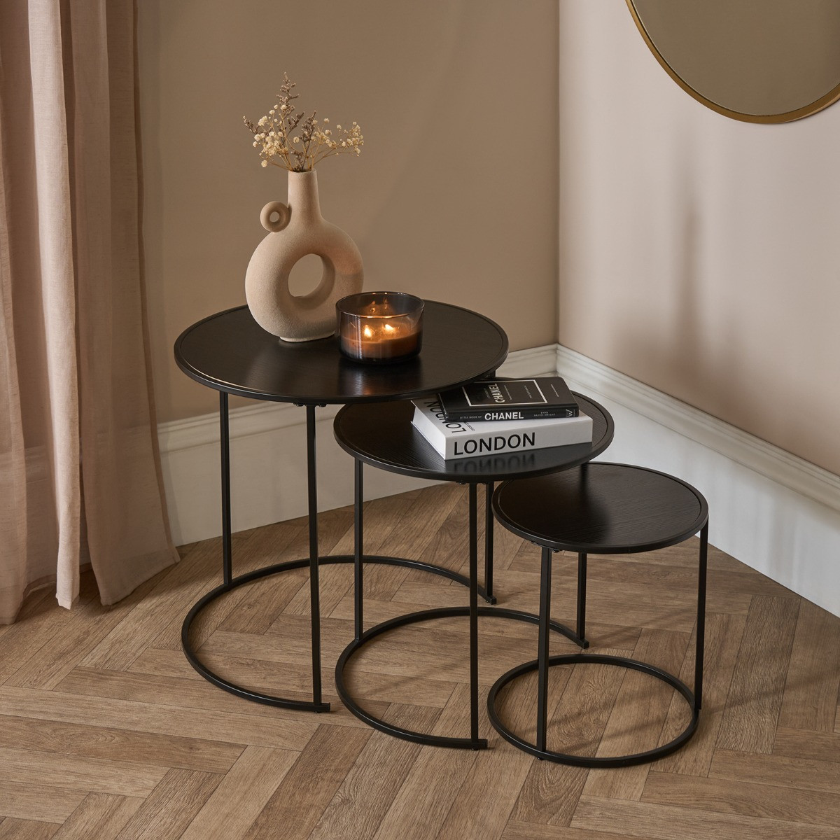 OHS Manhattan Nest of 3 Round Side Tables - Black>