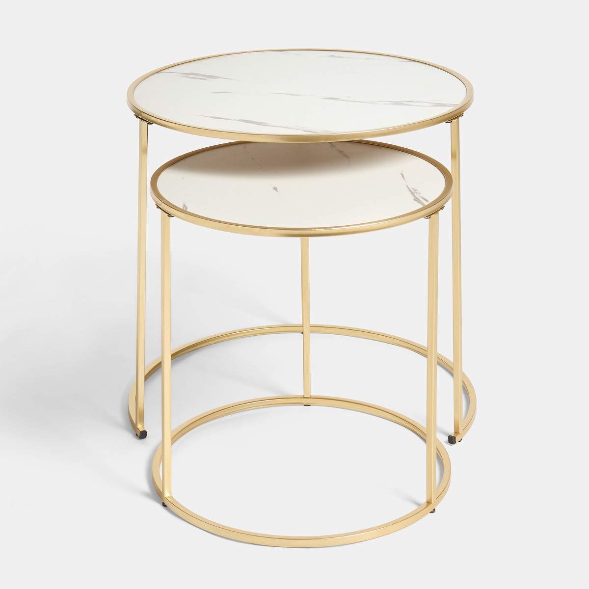 OHS Manhattan Marble Effect Nest of 2 Round Side Tables - White/Gold>