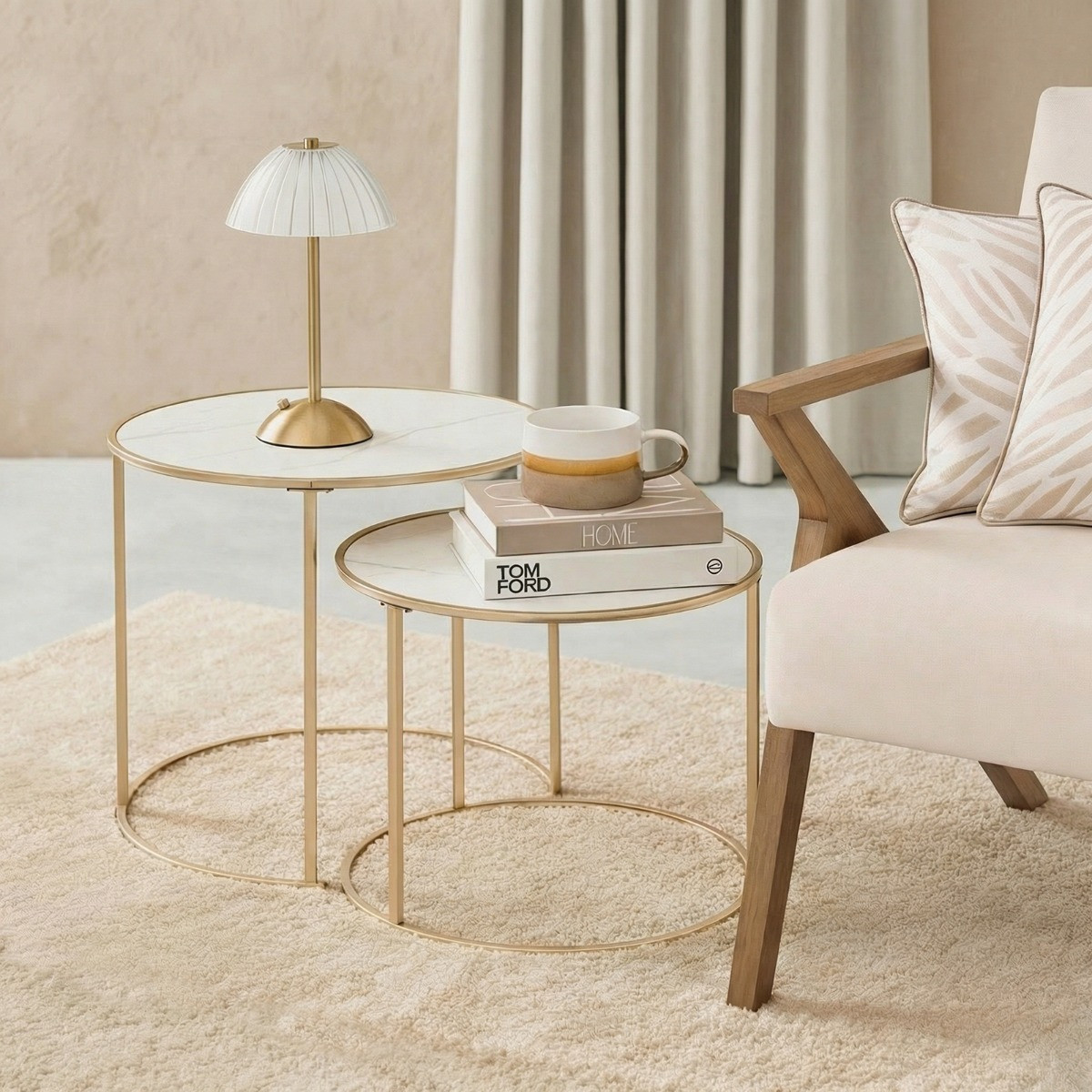 OHS Manhattan Marble Effect Nest of 2 Round Side Tables - White/Gold>