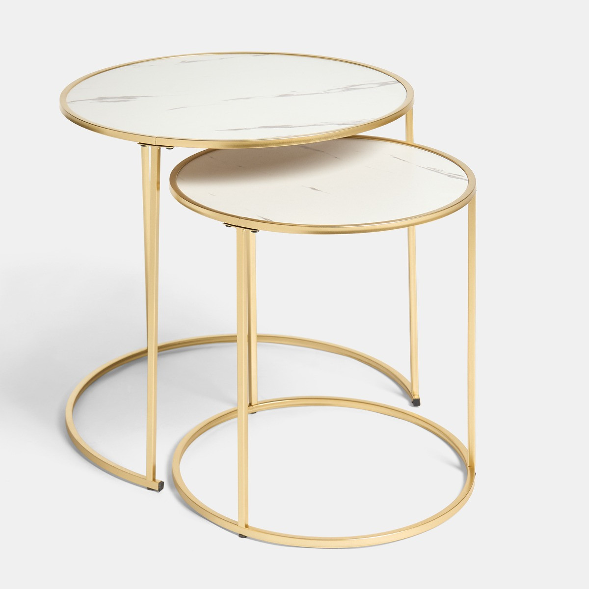OHS Manhattan Marble Effect Nest of 2 Round Side Tables - White/Gold>