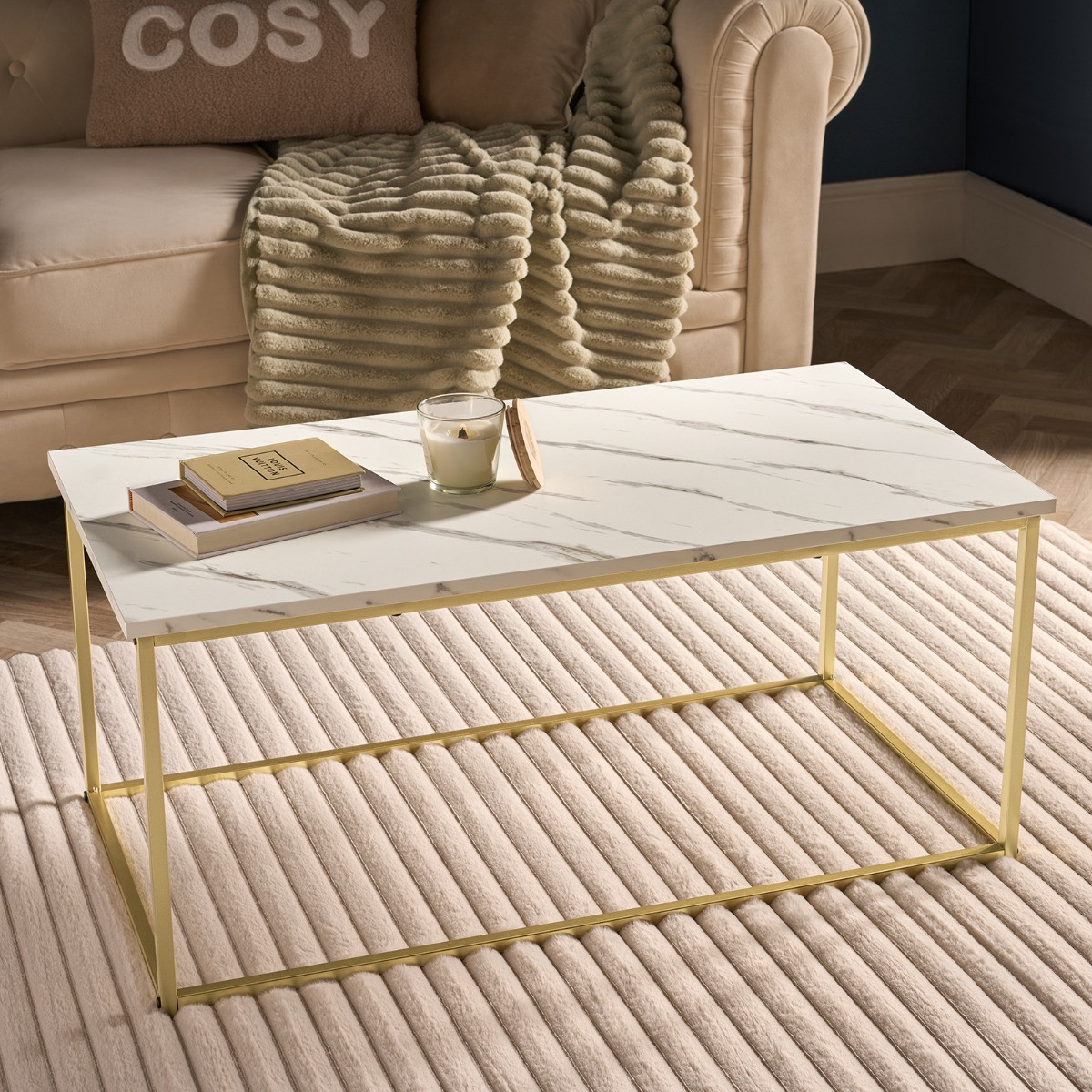 OHS Manhattan Marble Effect Rectangle Coffee Table - White/Gold>