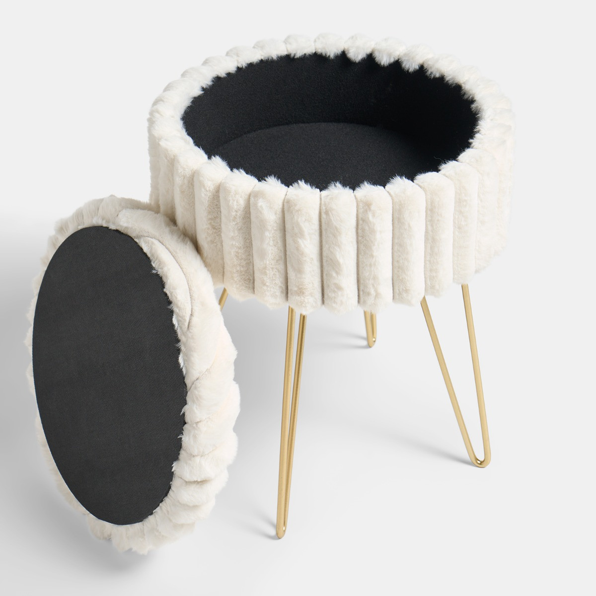 OHS Faux Fur Ribbed Storage Hairpin Stool - Cream/Gold>