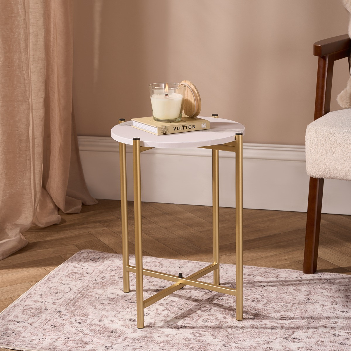 OHS Marble Round Side Table - Gold/White>