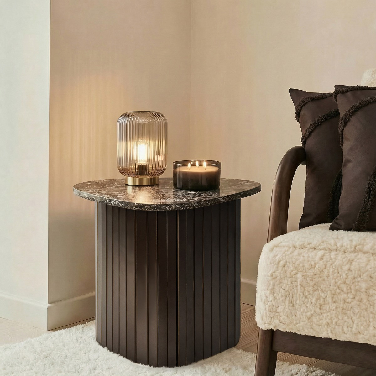 OHS Madison Marble Effect Ribbed Side Table - Dark Brown>