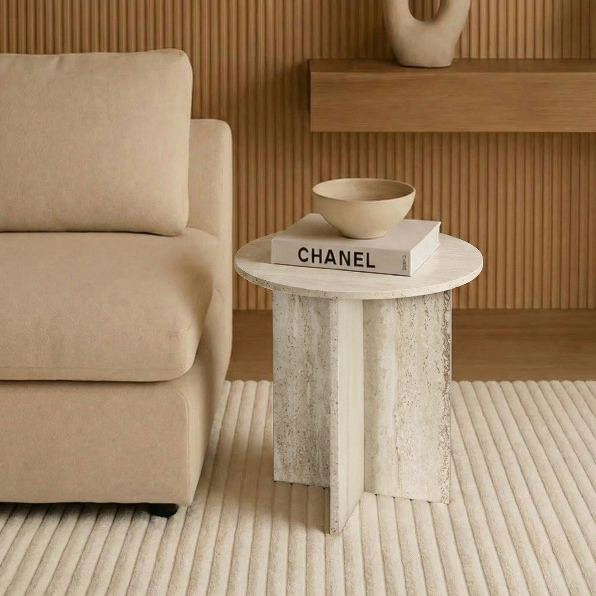 OHS Travertine Effect Round Side Table - Natural>