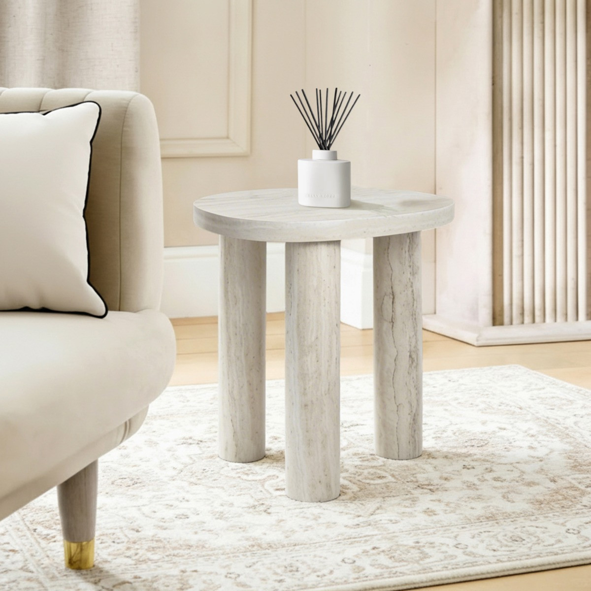 OHS 3-Legged Travertine Effect Side Table - Natural>