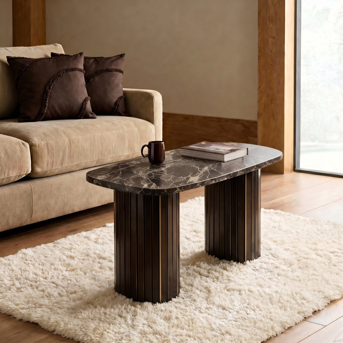 OHS Madison Marble Effect Ribbed Coffee Table - Dark Brown>