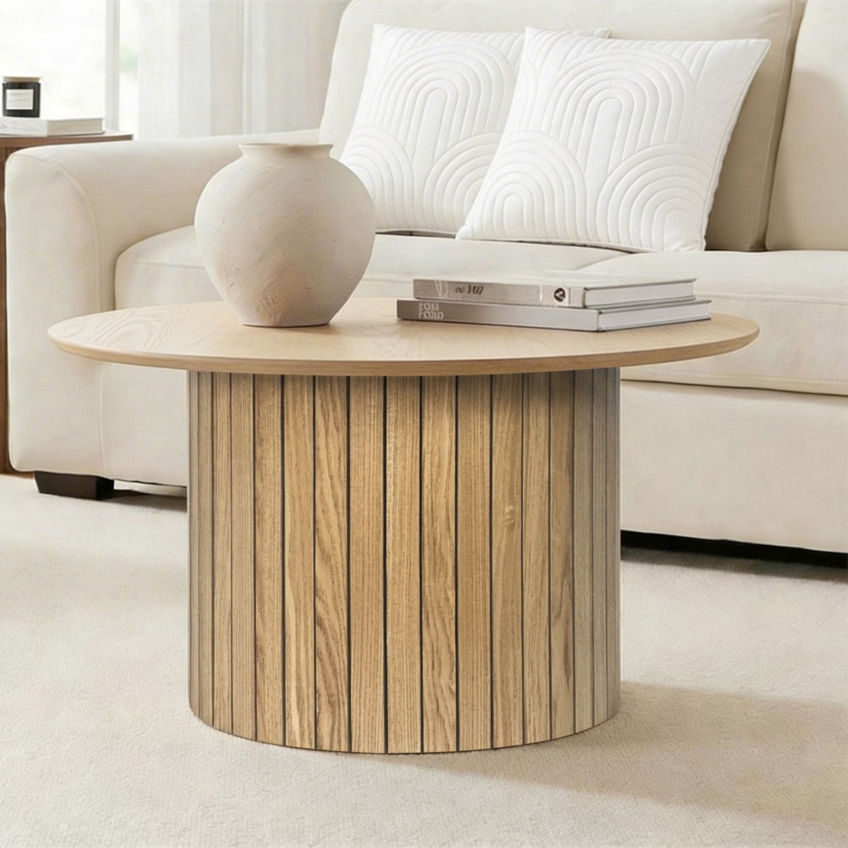 OHS Madison Ribbed Round Coffee Table - Light Wood>