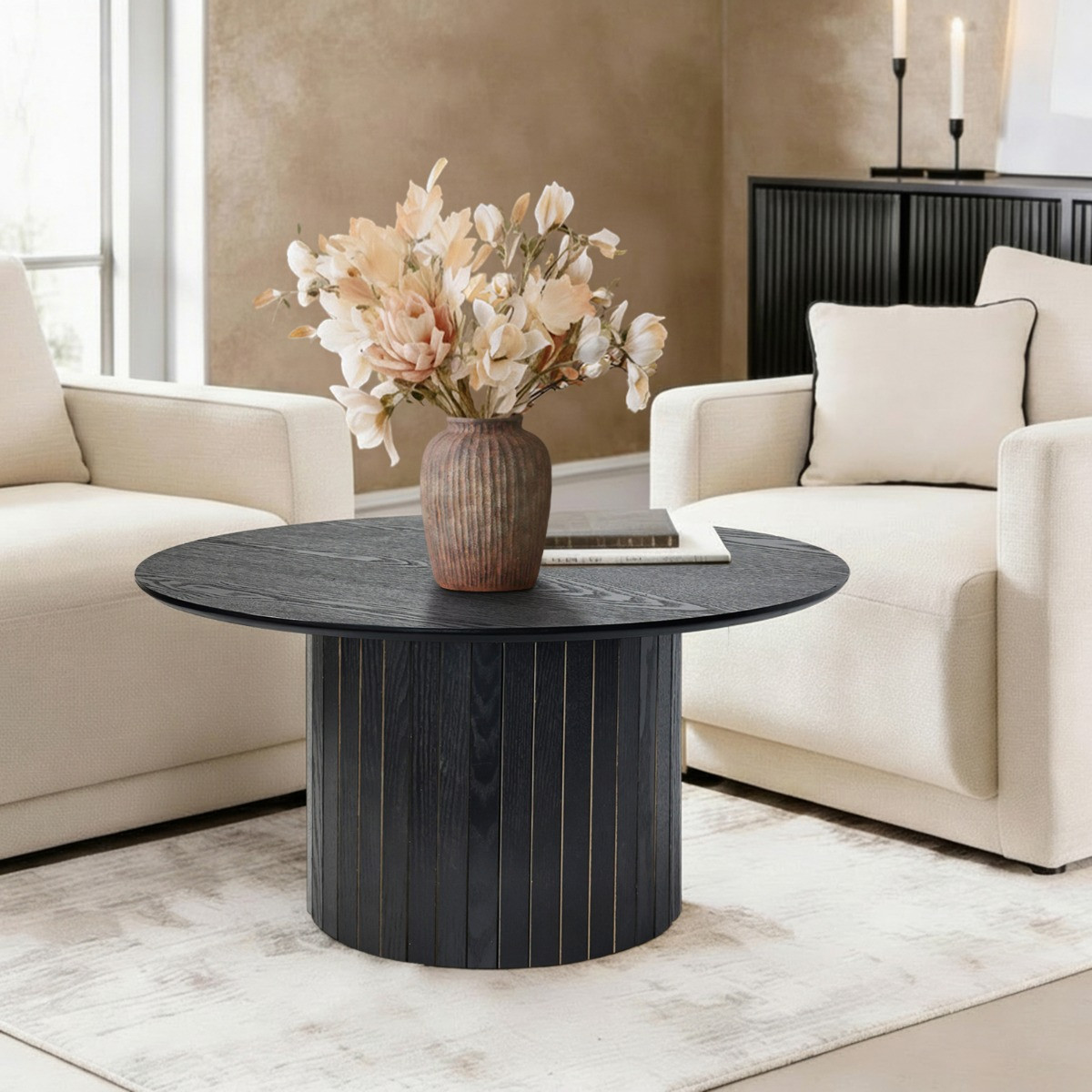OHS Madison Ribbed Round Coffee Table - Black>