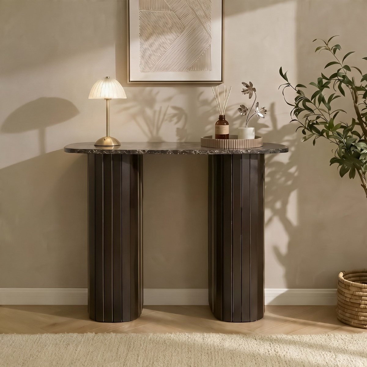 OHS Madison Marble Effect Ribbed Console Table - Dark Brown>