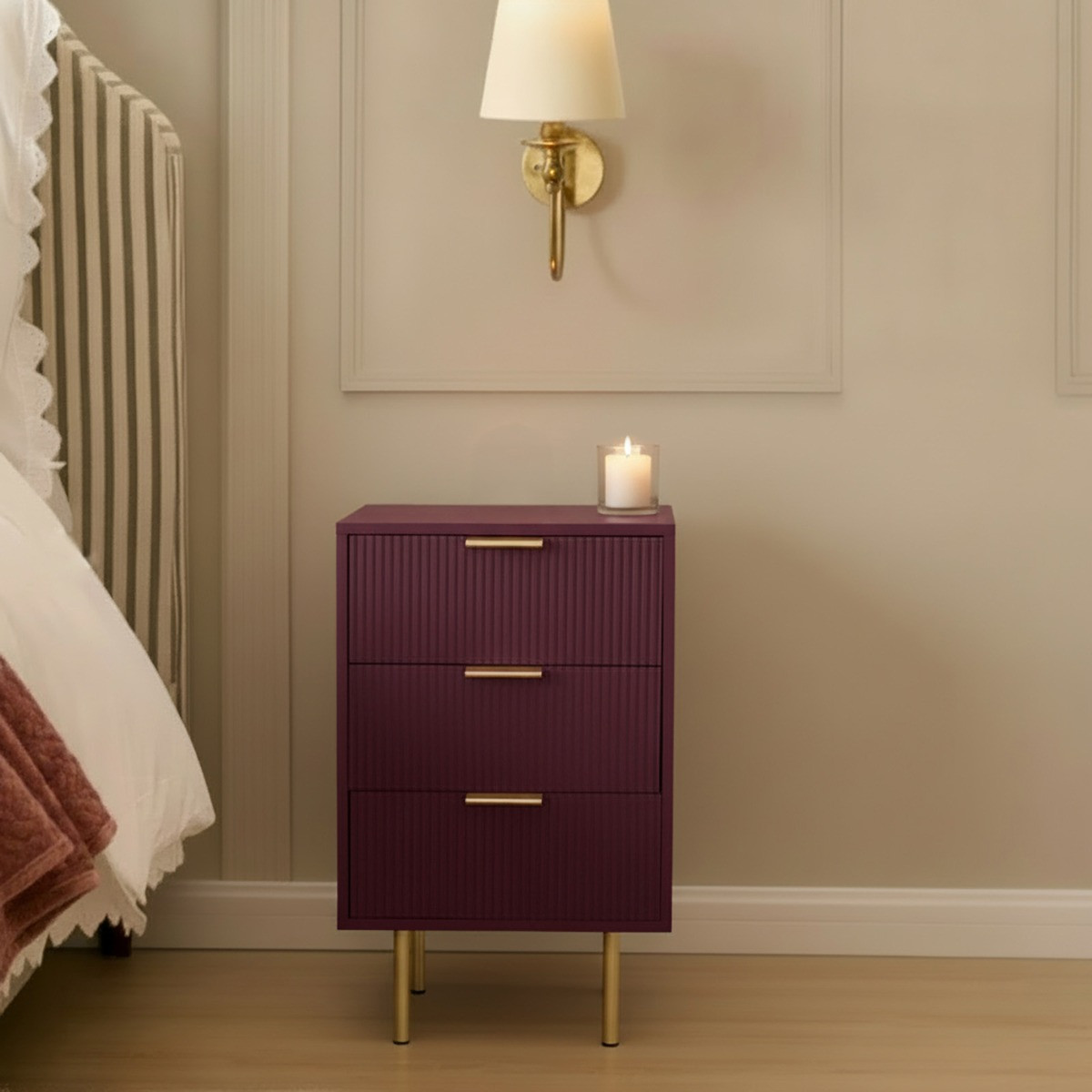 OHS Ribbed 3-Drawer Bedside Unit - Dark Berry>