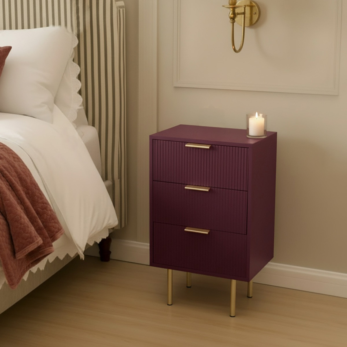 OHS Ribbed 3-Drawer Bedside Unit - Dark Berry>