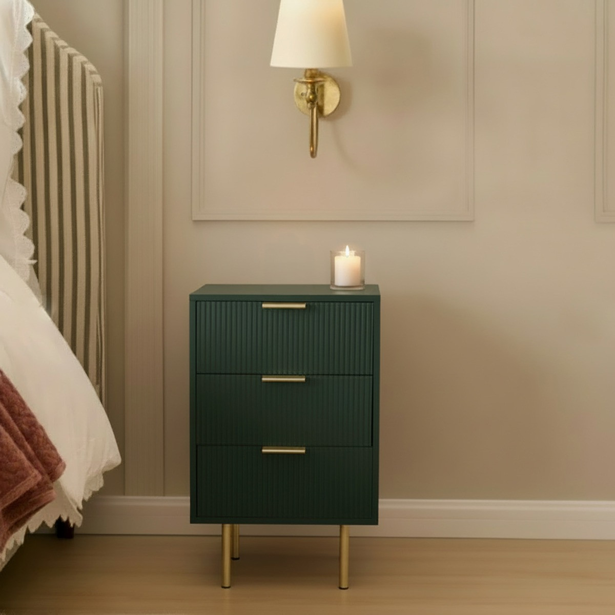 OHS Ribbed 3-Drawer Bedside Unit - Deep Forest Green>