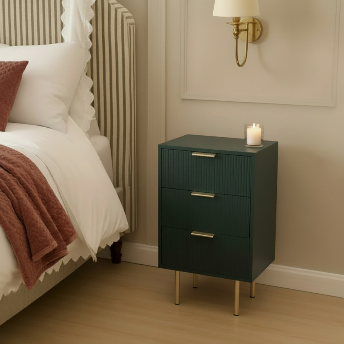 OHS Ribbed 3-Drawer Bedside Unit - Deep Forest Green>