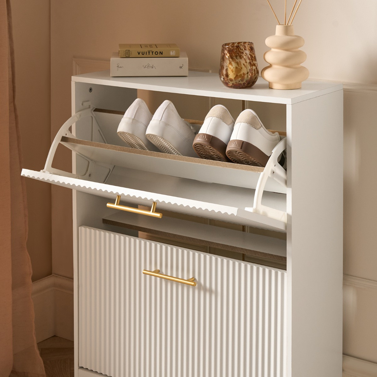 OHS Ribbed 2-Drawer Shoe Cabinet - White>