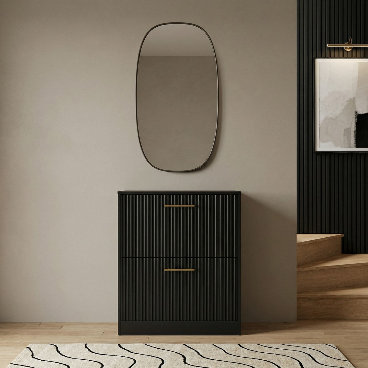 OHS Ribbed 2-Drawer Shoe Cabinet - Black>