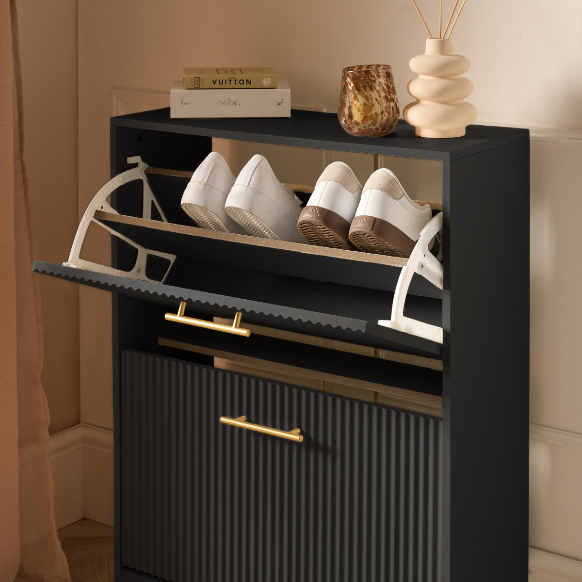 OHS Ribbed 2-Drawer Shoe Cabinet - Black>