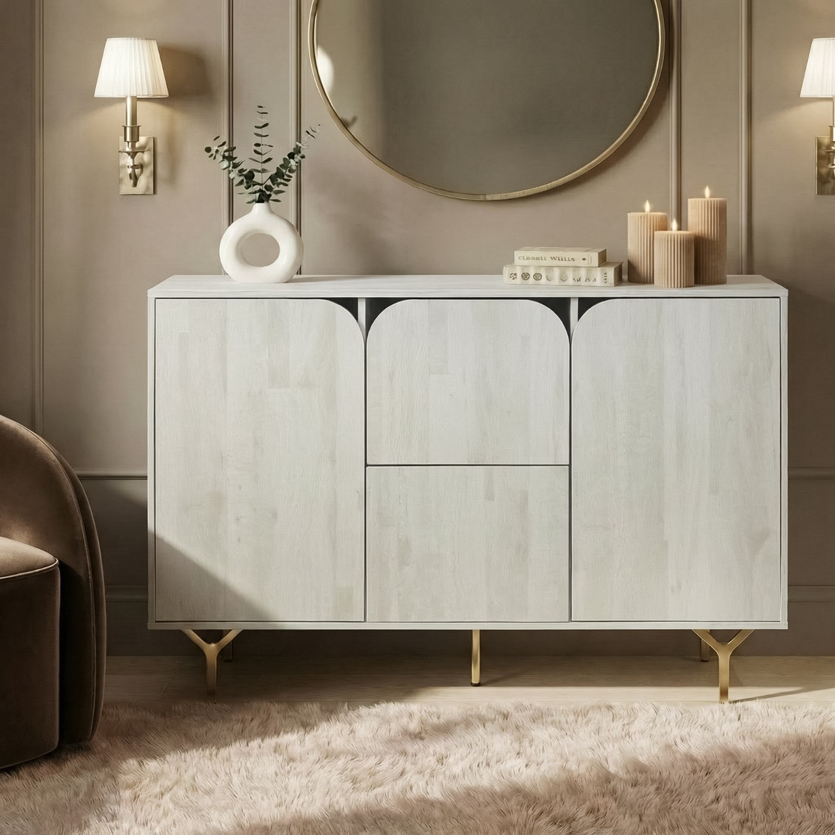 OHS Modern Curved Drawer Sideboard - Stone Wash>