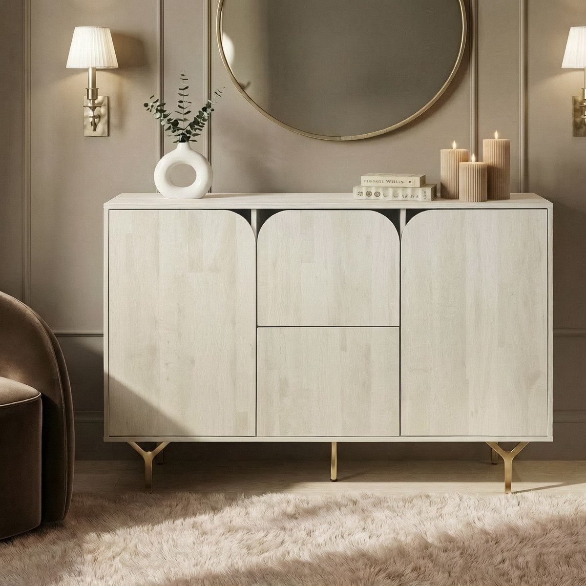 OHS Modern Curved Drawer Sideboard - Stone Wash>