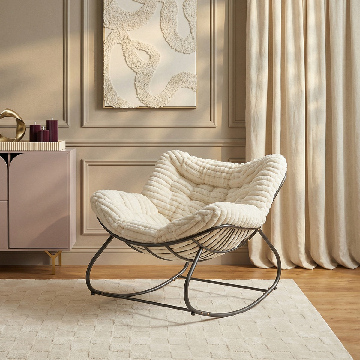 OHS Ribbed Faux Fur Rocking Chair - Cream>