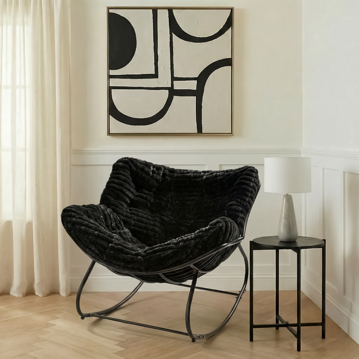 OHS Ribbed Faux Fur Rocking Chair - Black>