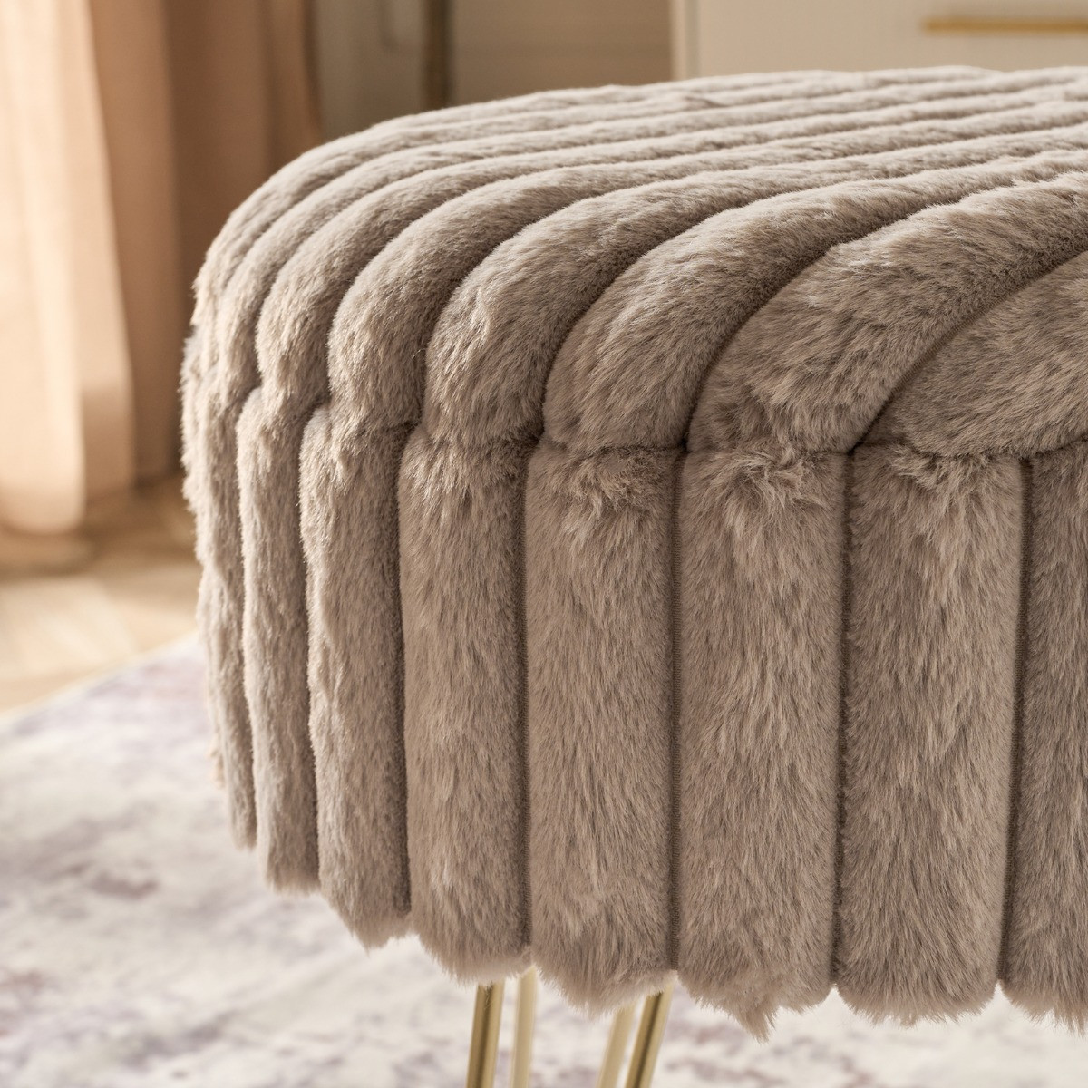 OHS Faux Fur Ribbed Storage Hairpin Stool - Natural/Gold>