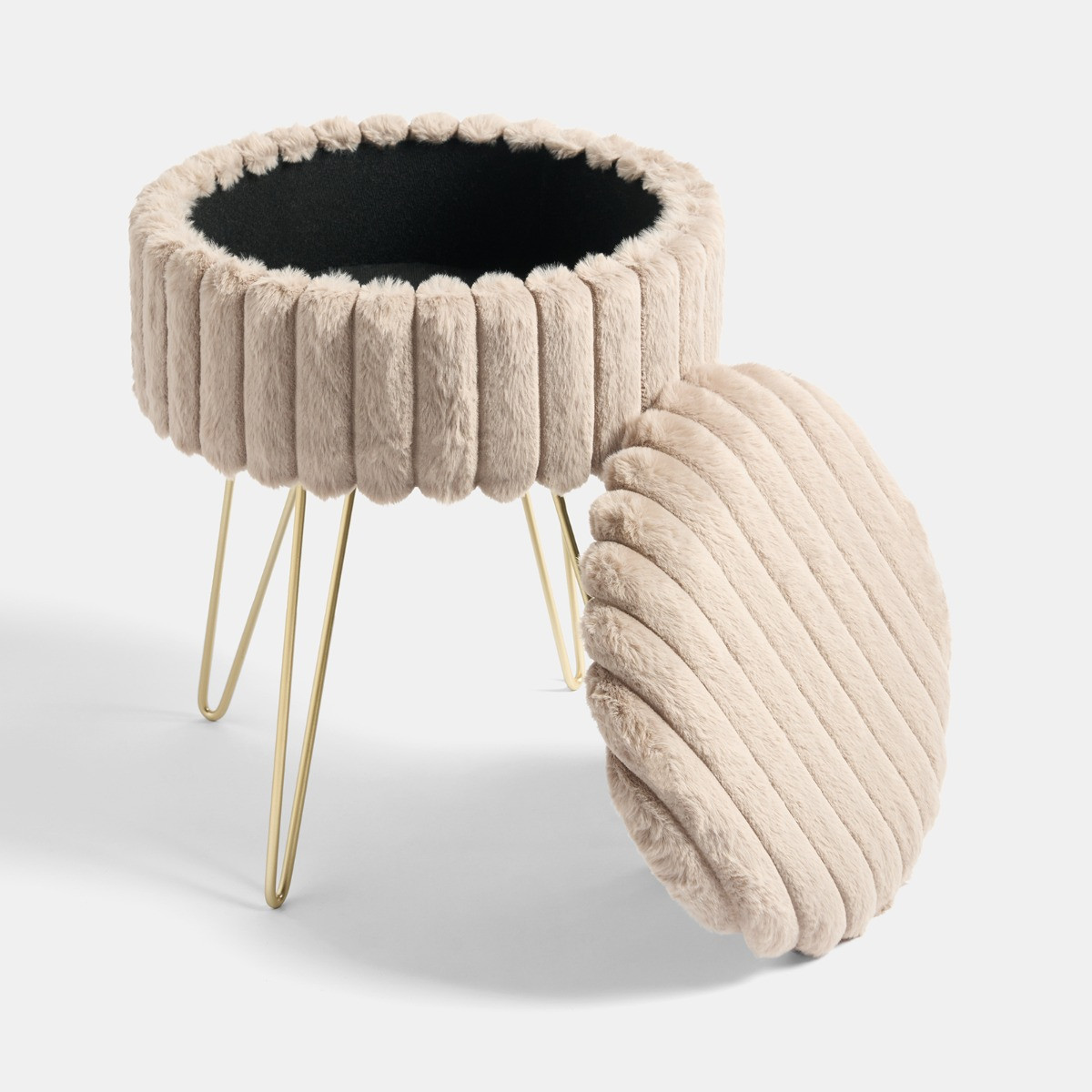 OHS Faux Fur Ribbed Storage Hairpin Stool - Natural/Gold>