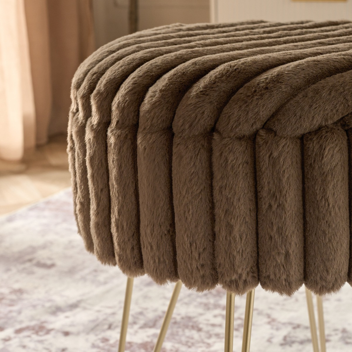 OHS Faux Fur Ribbed Storage Hairpin Stool - Chocolate/Gold>