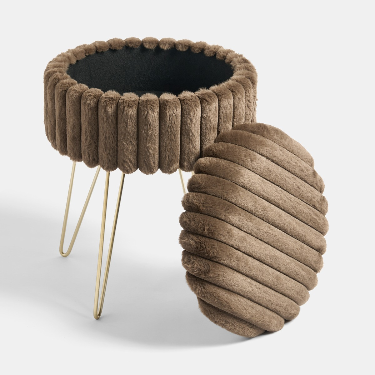 OHS Faux Fur Ribbed Storage Hairpin Stool - Chocolate/Gold>