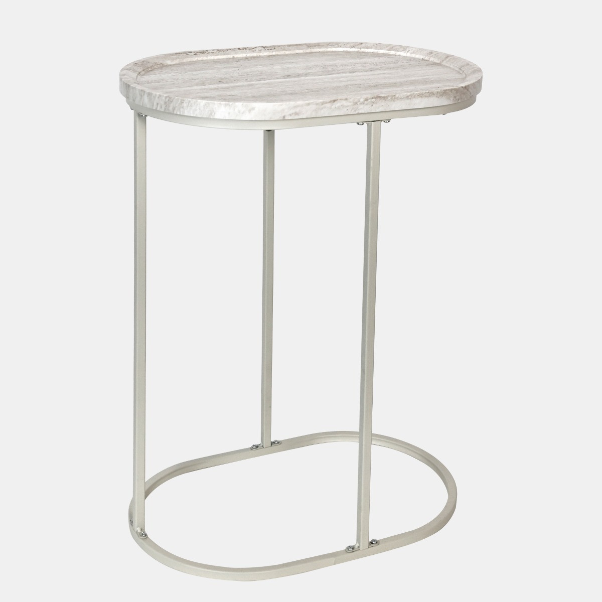 OHS Travertine Effect Oval C Shape Side Table - Cream>