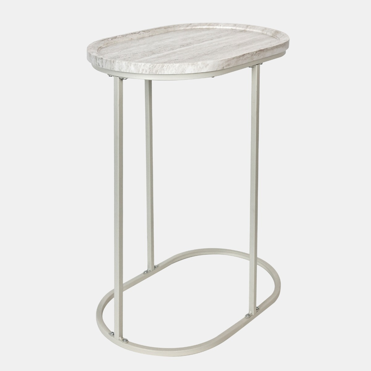 OHS Travertine Effect Oval C Shape Side Table - Cream>