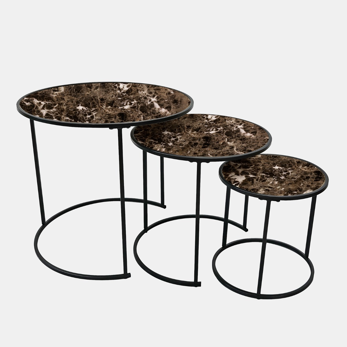 OHS Manhattan Marble Effect Nest of 3 Round Side Tables - Chocolate>