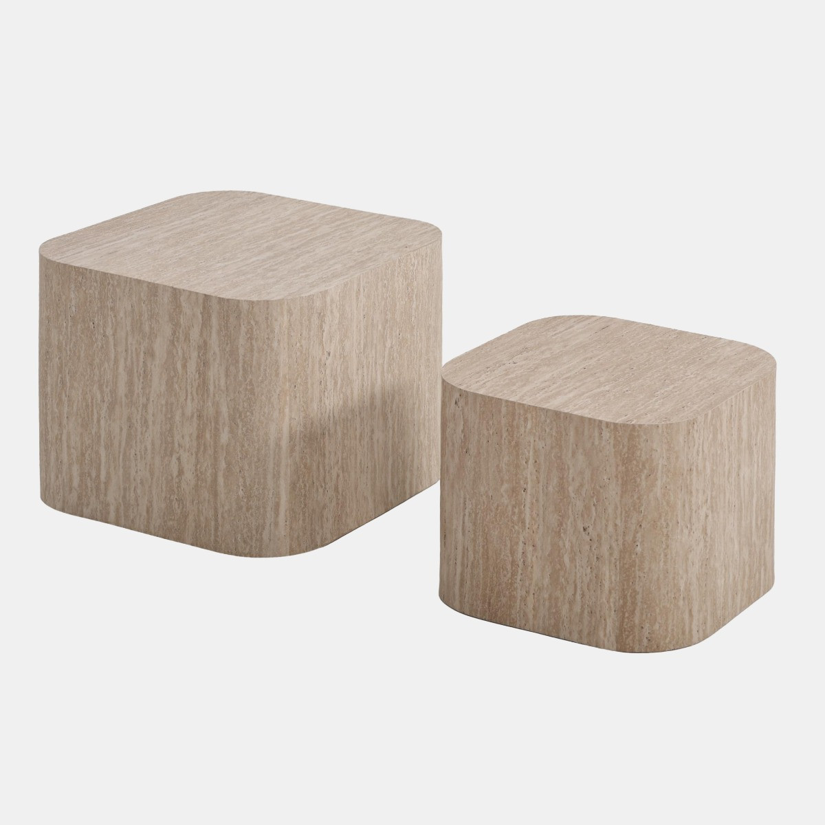OHS Set of 2 Travertine Effect Square Side Tables - Cream>