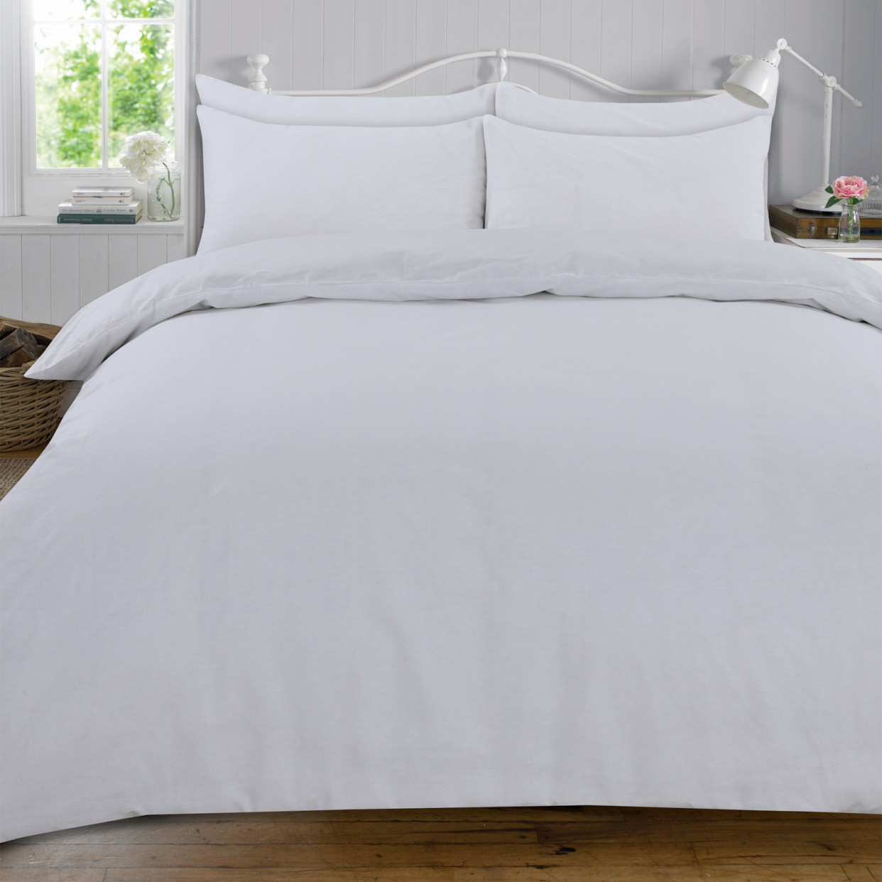 Highams Plain 100% Cotton Complete Duvet Cover Pillowcase Sheet Set, White - Single>