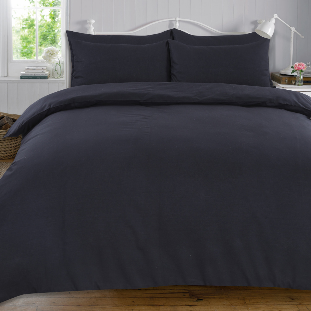 Highams Plain 100% Cotton Duvet Cover with Pillow Case Bedding Set, Black - King>