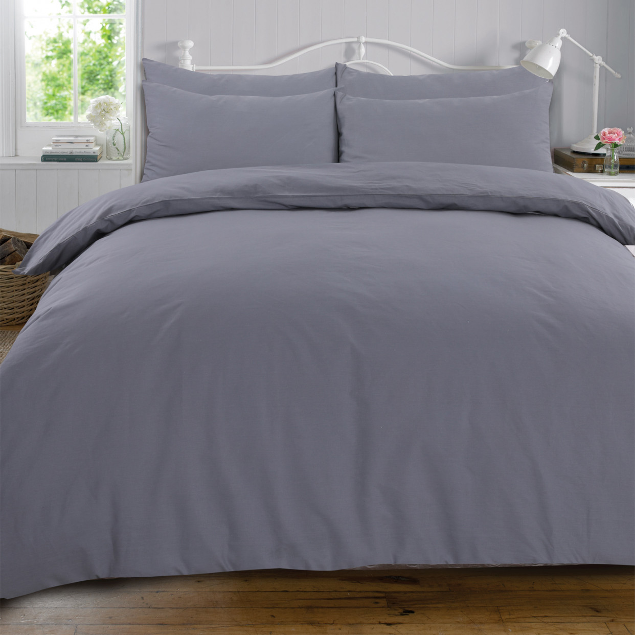 Highams Plain 100% Cotton Complete Duvet Cover Pillowcase Sheet Set, Grey - Double>