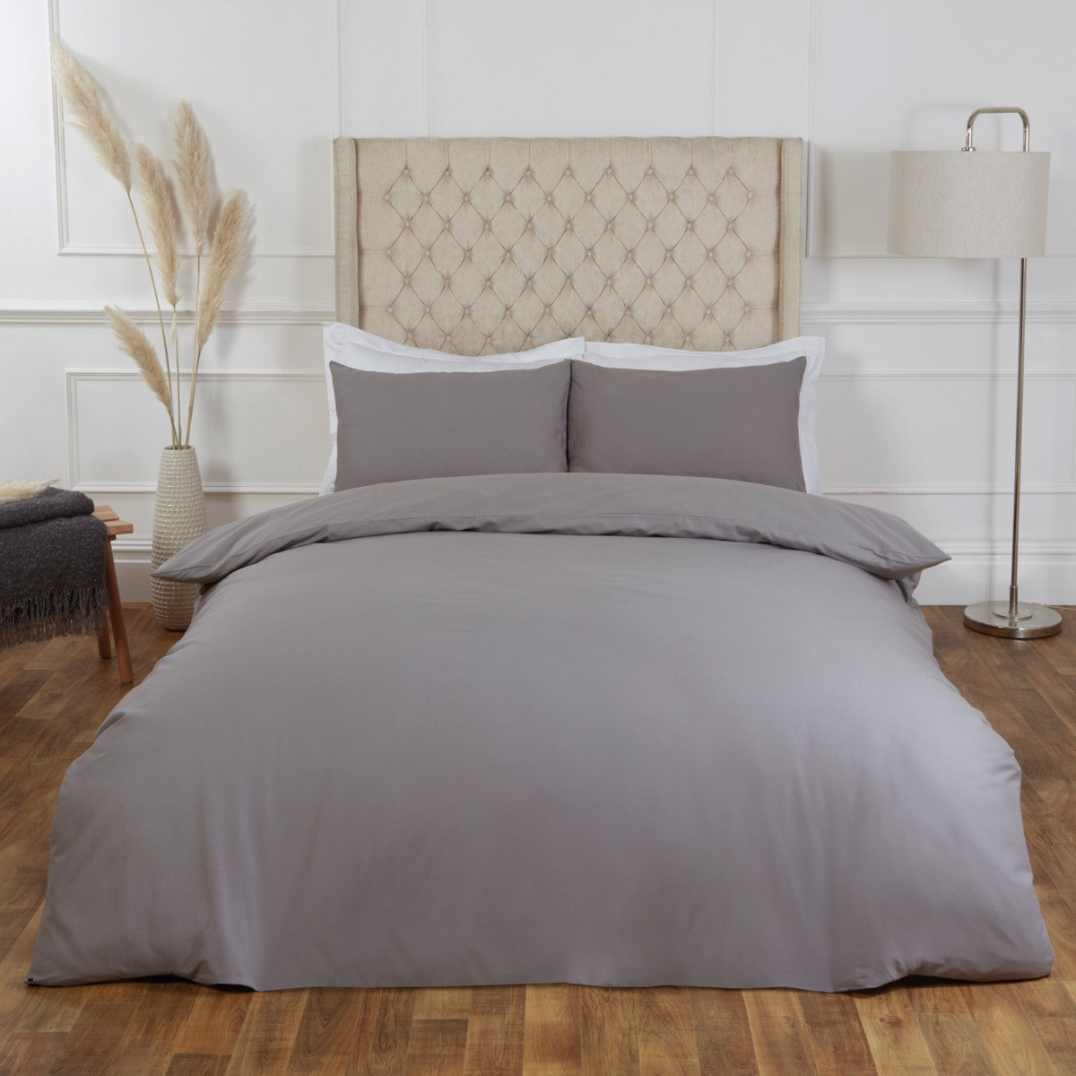 Highams Plain 100% Cotton Duvet Cover with Pillow Case Bedding Set, Grey - Single>