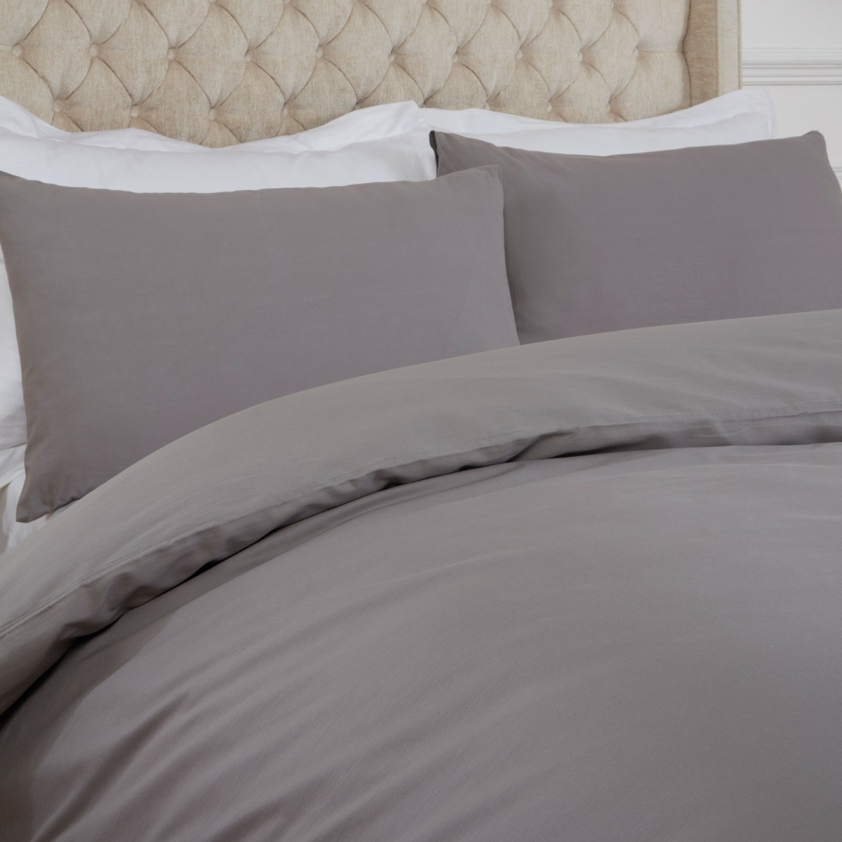 Highams Plain 100% Cotton Duvet Cover with Pillow Case Bedding Set, Grey - King>