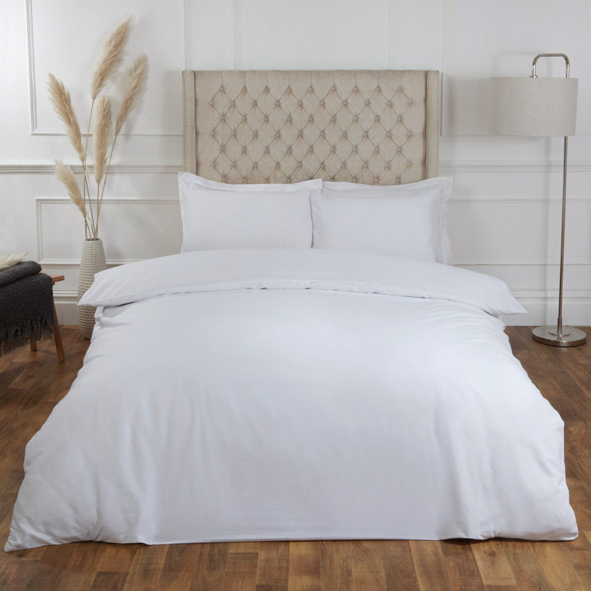 Highams Plain 100% Cotton Duvet Cover with Pillow Case Bedding Set, White - Super King>
