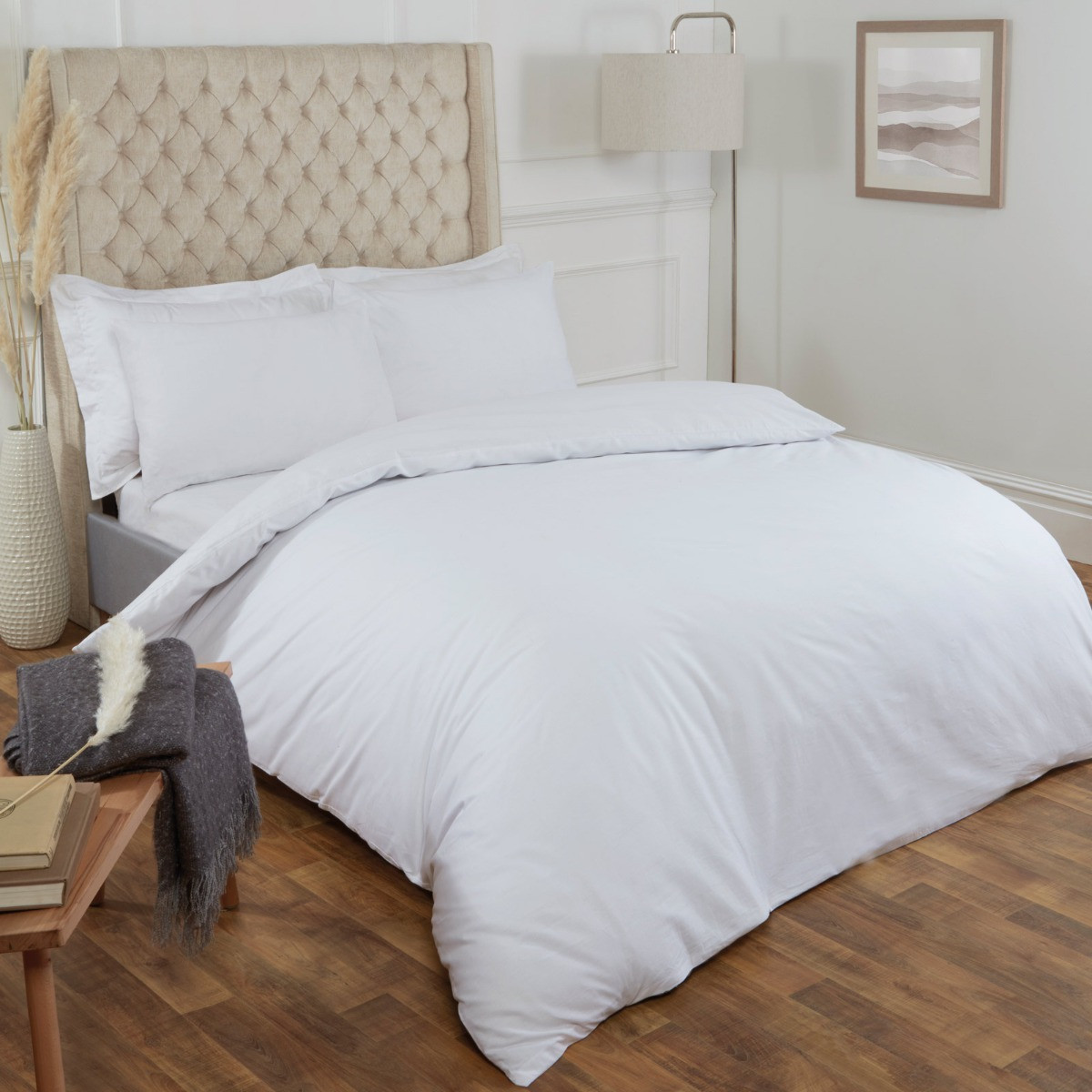 OHS Plain 100% Cotton Duvet Cover with Pillow Case Bedding Set, White - Single>