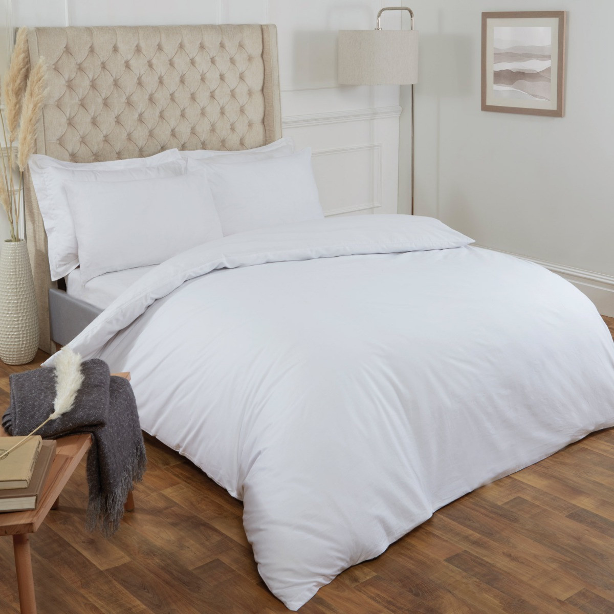 Highams Plain 100% Cotton Duvet Cover with Pillow Case Bedding Set, White - King>