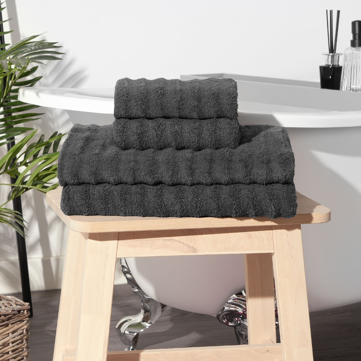 OHS 100% Cotton Jumbo Ribbed Stripe Towel Bale 4 Piece - Grey>