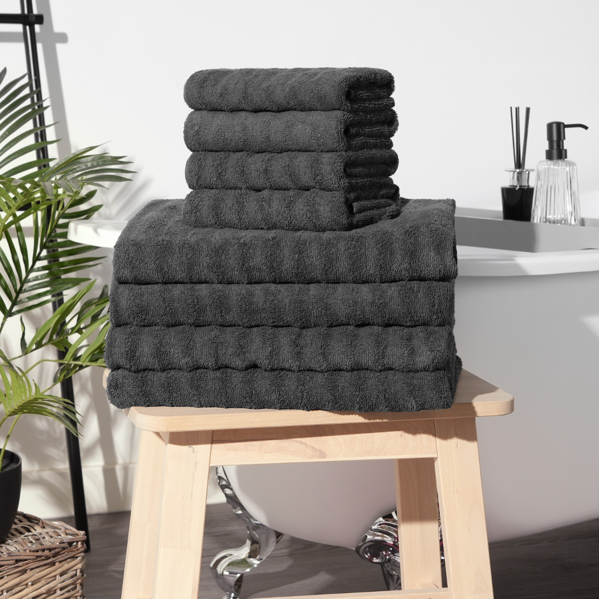 OHS 100% Cotton Jumbo Ribbed Stripe Towel Bale 8 Piece - Grey>