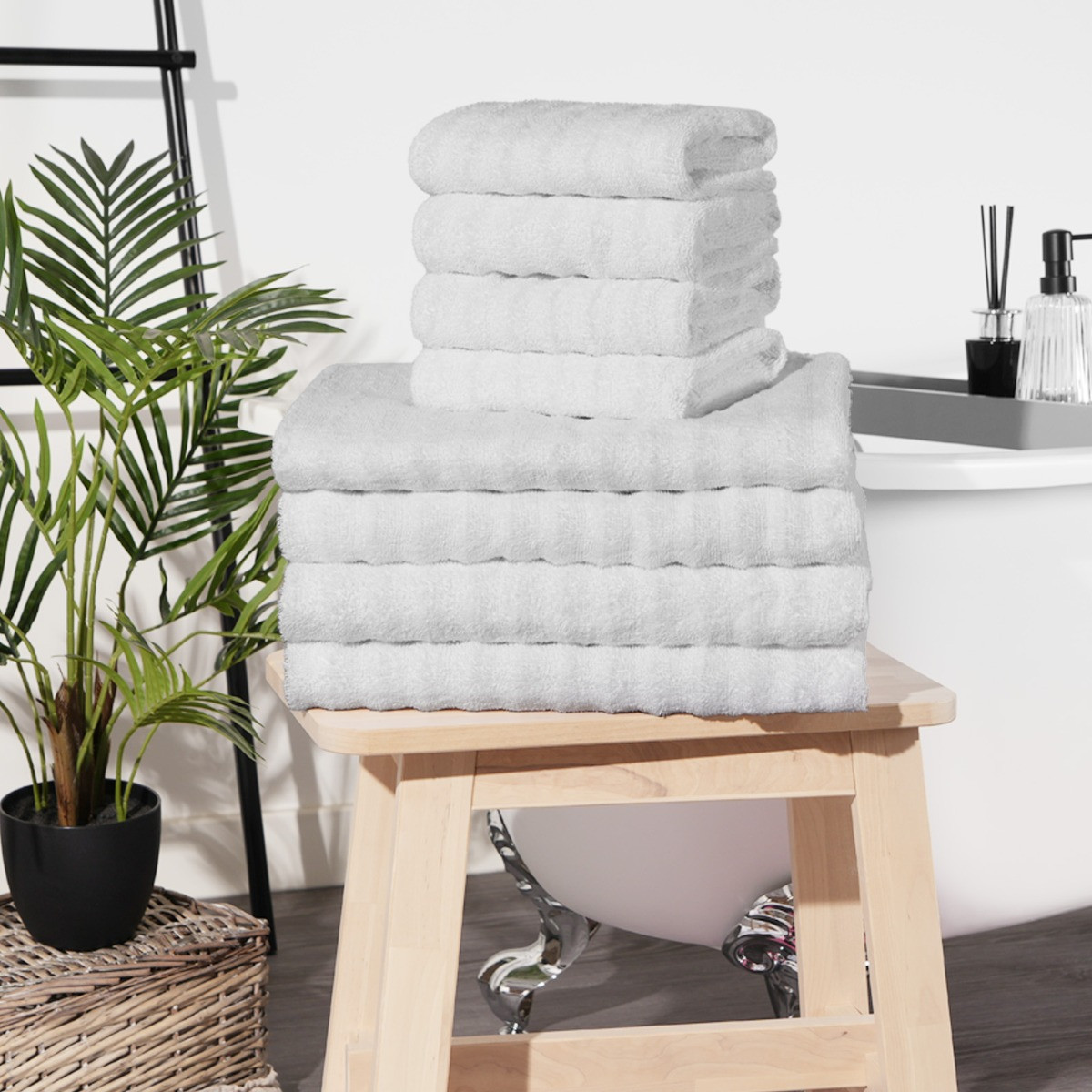 OHS 100% Cotton Jumbo Ribbed Stripe Towel Bale 8 Piece - White>