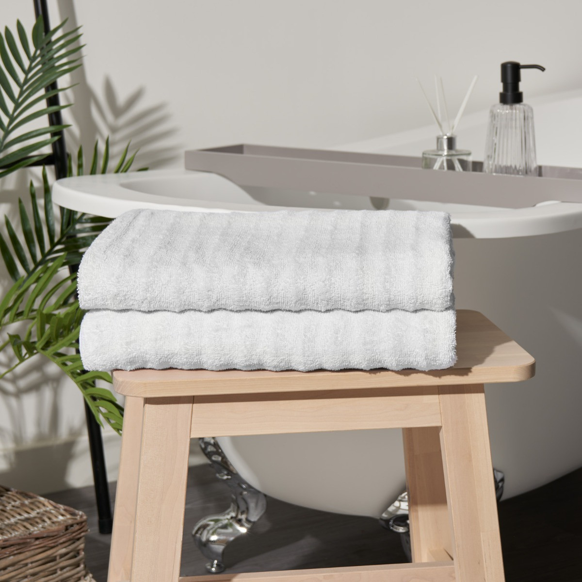 OHS 100% Cotton 2 Piece Jumbo Ribbed Stripe Bath Sheets - White>