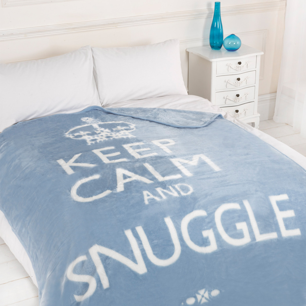 Dreamscene Large Soft Blanket Throw Keep Calm and Snuggle Blue White 200 x 240cm>