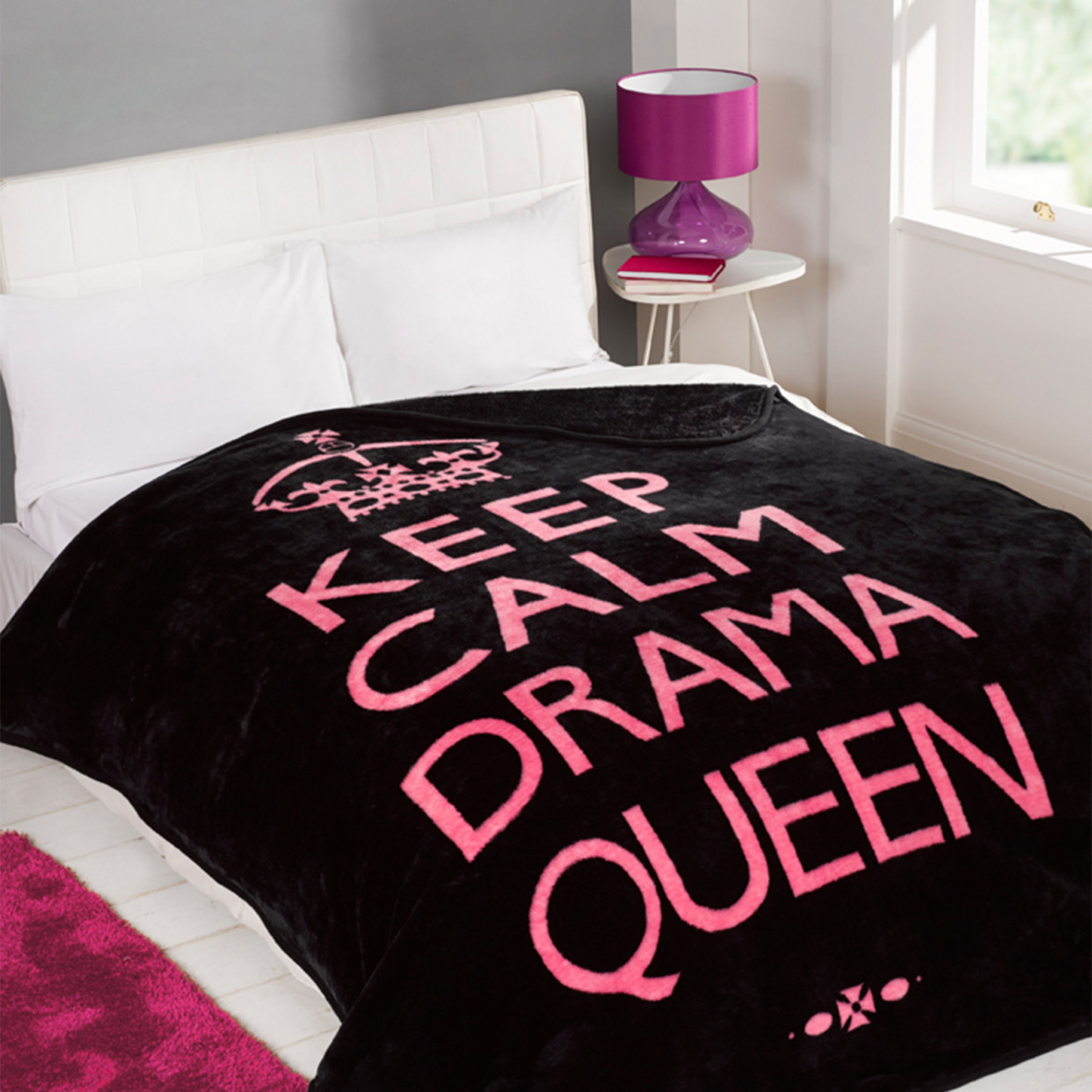 Dreamscene Large Soft Blanket Throw Keep Calm Drama Queen Black Pink 200 x 240cm>