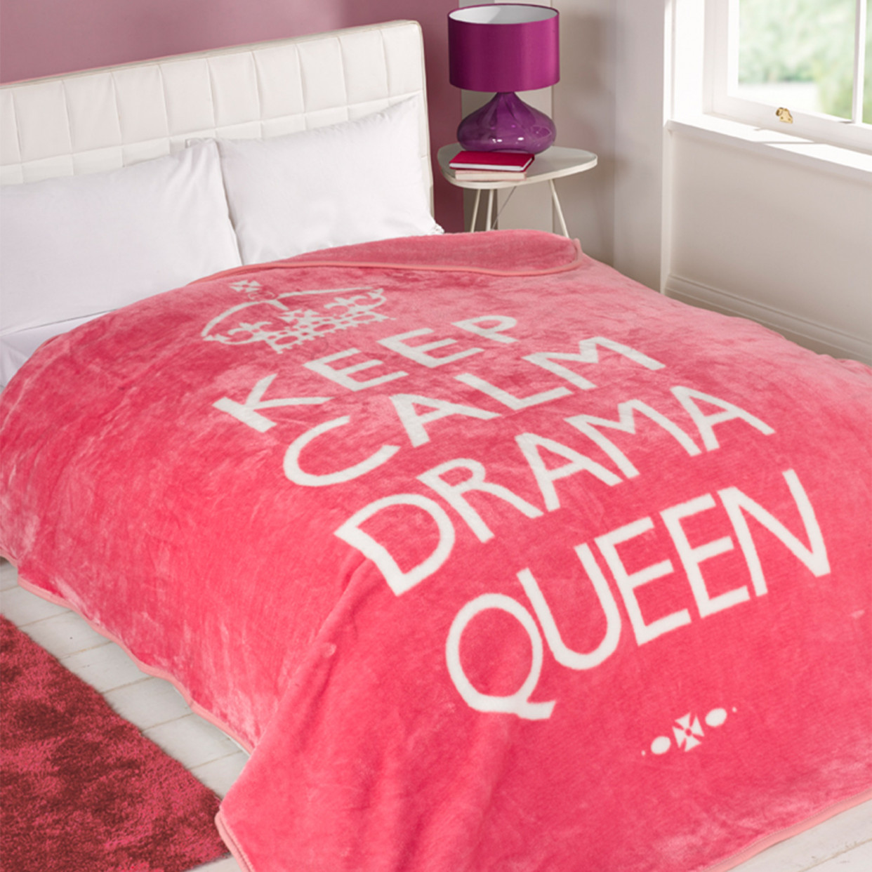 Dreamscene Large Soft Blanket Throw Keep Calm Drama Queen Pink White 200 x 240cm>