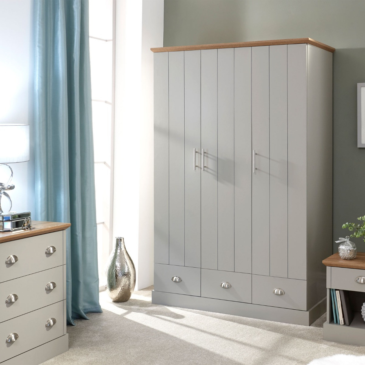 Kendal 3-Door 3-Drawer Wardrobe - Grey>